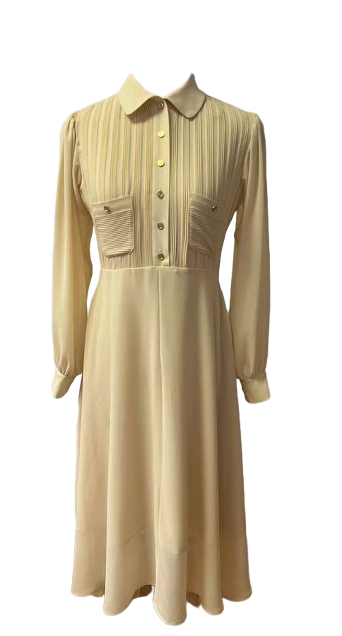 Chiffon Pleats Front  Button  Planket Maxi Dress