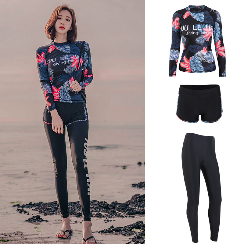 Female Basic Skins Upf 50+ Long Sleeve Rash Guard Shirt Shorts Leggings 3pcs set Full Surf Swim Dive Bathing Suits Tracksuit