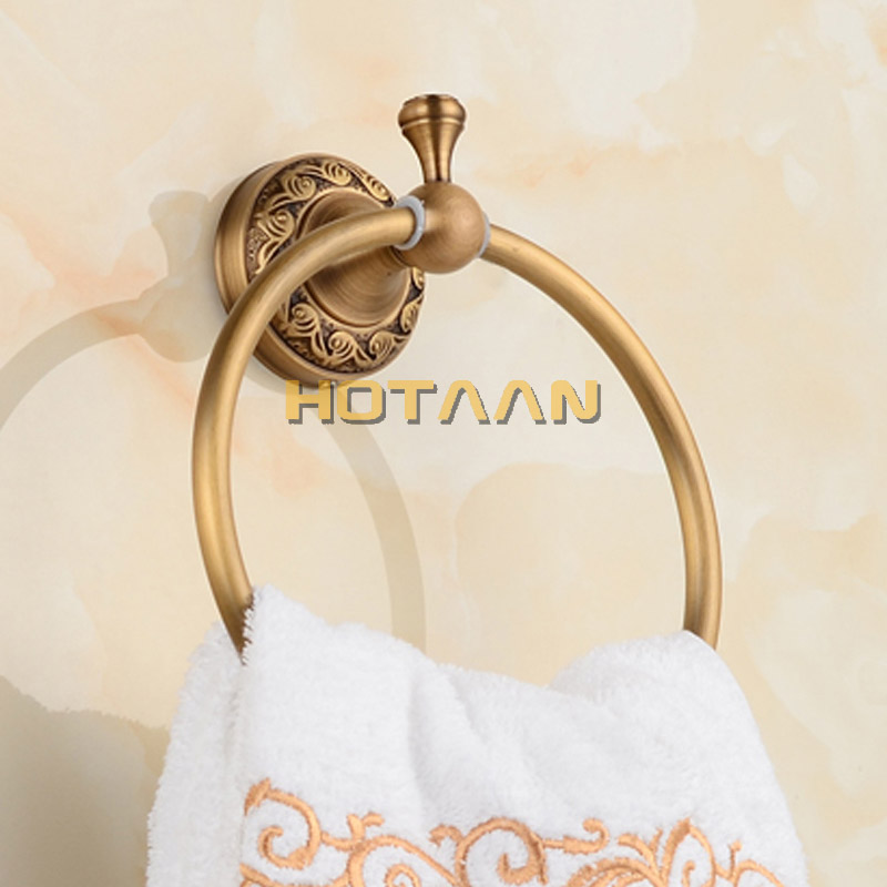 Anit-Rust Bathroom Towel holder, Solid Copper Wall-Mounted Round Antique Brass Towel Ring ,Classic Towel Rack with Flower Carved