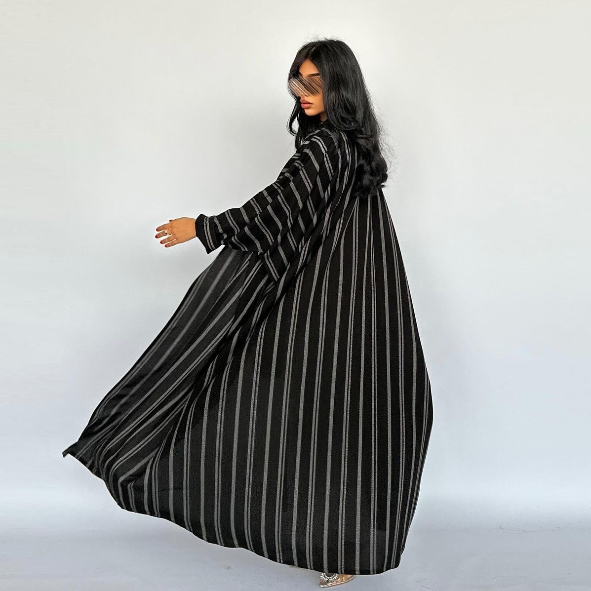 Arab Casual Loose Set Stripe Printing Batwing Sleeve Open Kimono Abaya and Dress Bangladesh Moroccan Dubai Women Kaftan6
