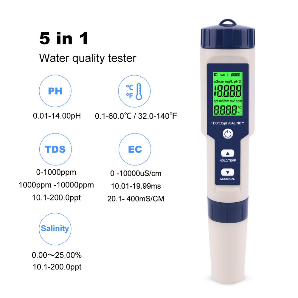 Digital Water Tester 5 In 1 PH/TDS/EC/Salinity/Temperature Tester Pen Waterproof Multi-Function Meter for Aquarium swimming pool