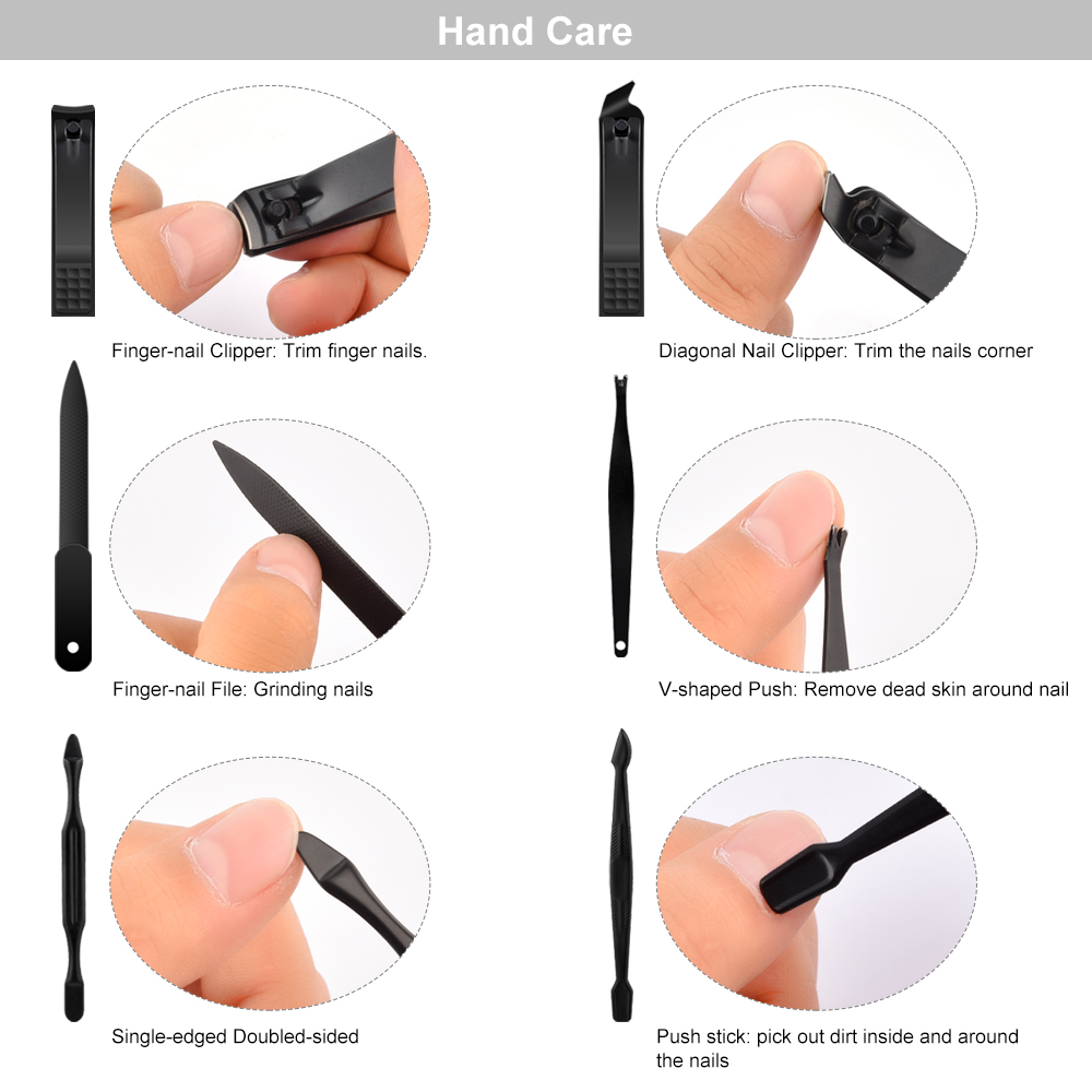 Black Stainless Steel Manicure Set Nail Tweezers Clipper Cutter Trimmer Ear Pick Pedicure Toe Polish Rainbow Nail Art Tools Kit