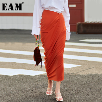 [EAM] High Waist Orange Pleated Split Joint Temperament Long Half-body Skirt Women Fashion Tide New Spring Autumn 2021 1D125