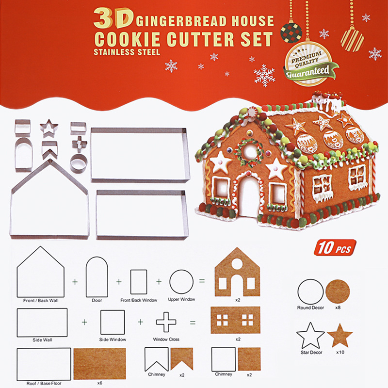 New 3D three-dimensional stainless steel biscuit mold Christmas Gingerbread House 10 sets of baking tools wholesale