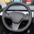Hand-Stitched Black Artificial Leather Car Steering Wheel Cover For Tesla Model 3 Y 2017 2018 2019 2020 Accessories