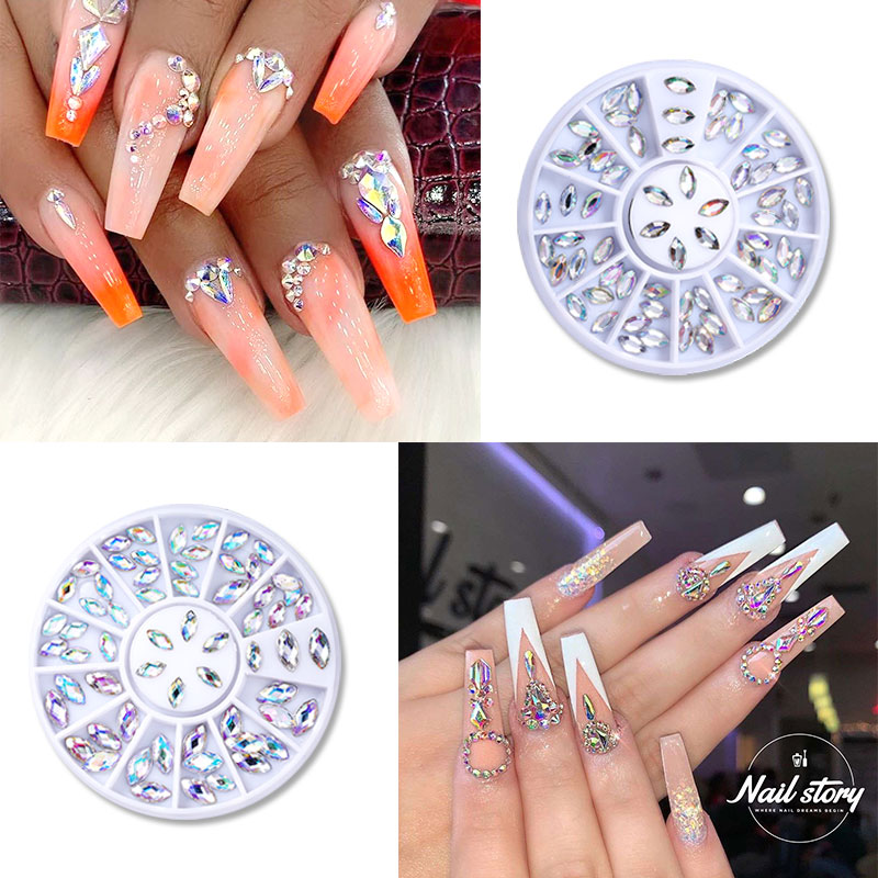 1 Box Mixed Color Nail Art Rhinestone Shiny Crystal Diamond Nail Glitter Beads 3D Nail Art Decorations Nail Accessories In Wheel