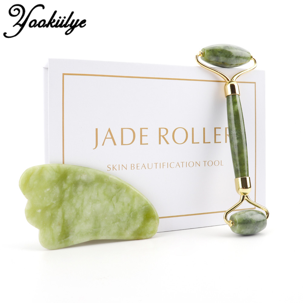 Double Heads Jade Roller Face-lift Set Natural Xiuyu Facial Massage Roller Guasha Board Set Body Slim Neck Thin Skin Care Tools