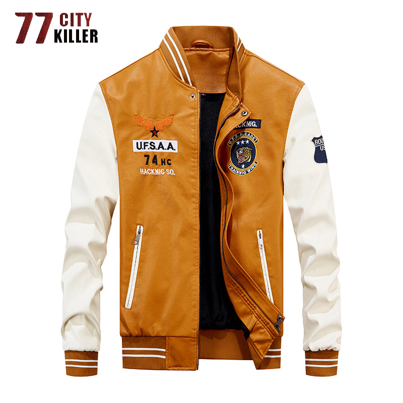 77City Killer 2020 New Leather Jacket Men Windbreaker Motorcycle Patchwork Baseball Jackets Male Fleece Warm Faux Leather Jacket