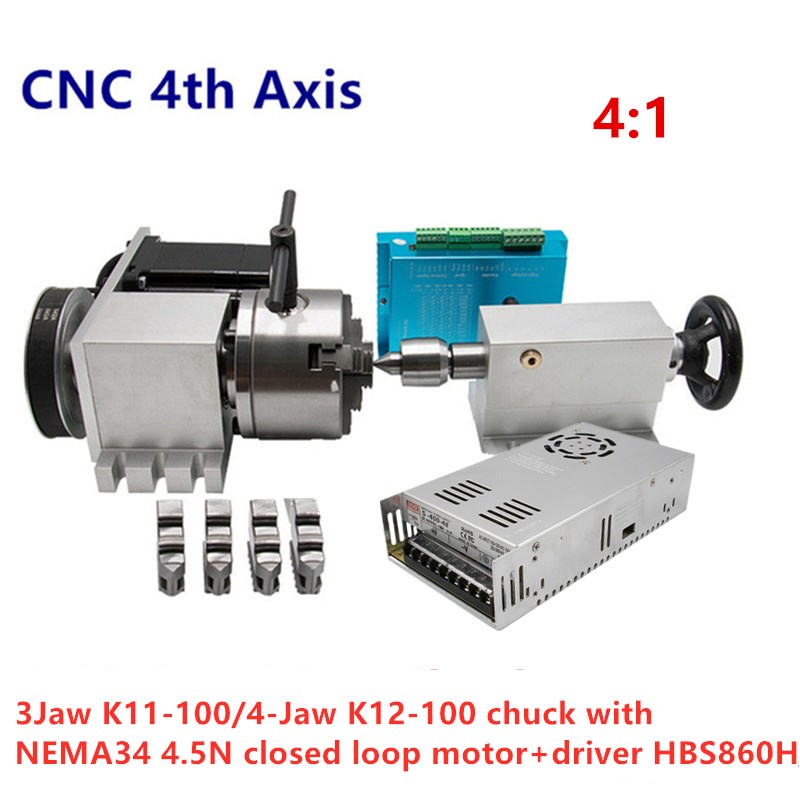 CNC 4th axis A aixs rotary axis kit:Nema 34 4.5N motor 4:1 K12-100mm 4 Jaw/K11-100mm 3 Jaw Chuck 100mm+Mt2 tailstock for router