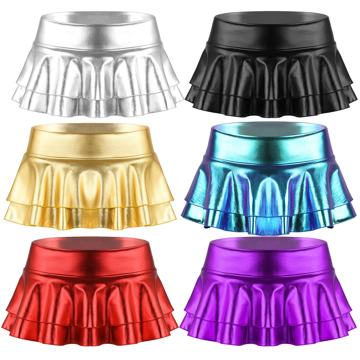 Women Pole dance costume Shiny Metallic Mini Skirt Low Rise Double Layered Ruffled Mini Skirt for Dance Raves Festivals Costumes