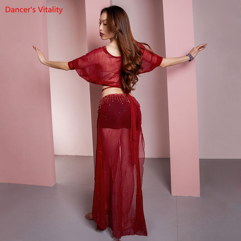 Belly Dance Suit Tulle V-neck Top Short Sleeve Practice Clothes Female Adult elegant Shirt Long Skirt Performance clothing Set