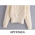 KPYTOMOA Women 2020 Fashion With Ribbed Trims Cable-Knit Sweater Vintage O Neck Long Sleeve Female Pullovers Chic Tops