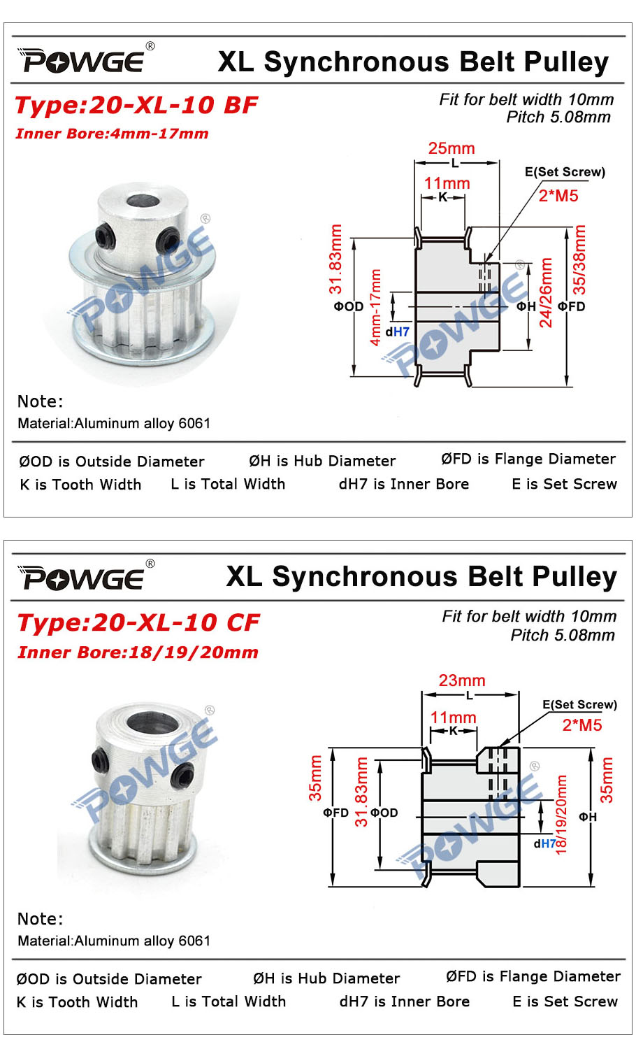 POWGE 20 Teeth XL Timing pulley Bore 4/5/6/6.35/7/8/10/12/14/15/16/17/18/19/20mm for width 10mm XL Synchronous Belt 20teeth 20T