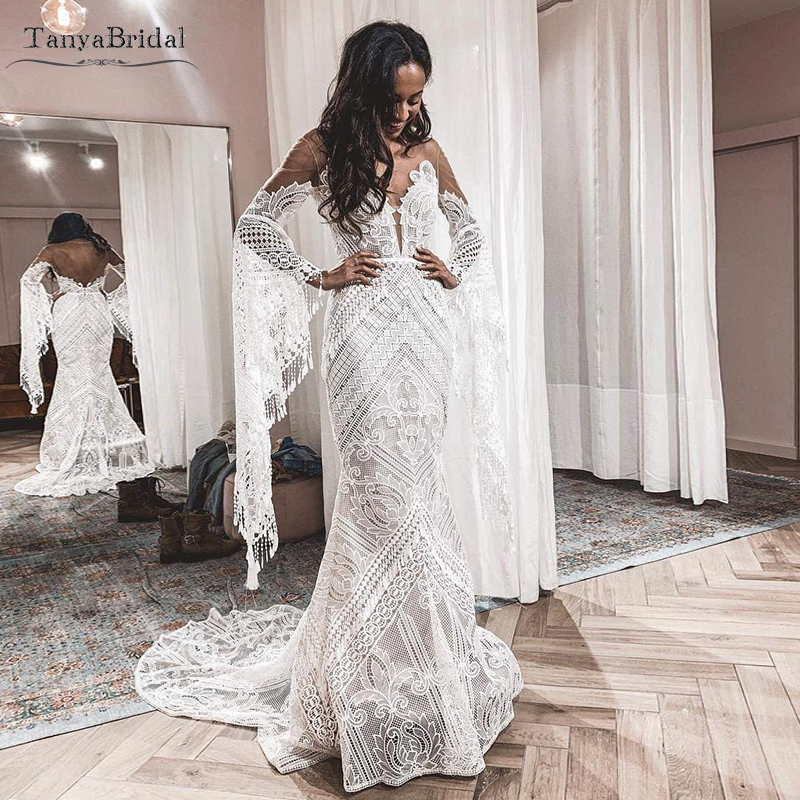 Flare Long Sleeve Lace Wedding Dresses Hippie Style Symphony Bridal Gowns See Through Sexy Vestido De Noivas DW227