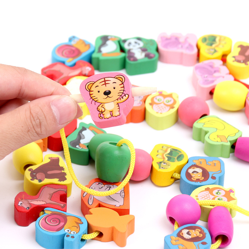 55Pcs/Set Wooden Toys Cartoon Fruit Animals Beads Stringing Threading Beads Game Education Toys For Children Kids Beads Toys