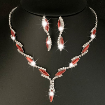 Drop Shipping Silver Plated Royal Red Crystal Wedding Jewelry Sets for Women Leaf Long Necklace Earrings Bridal Jewelry Sets