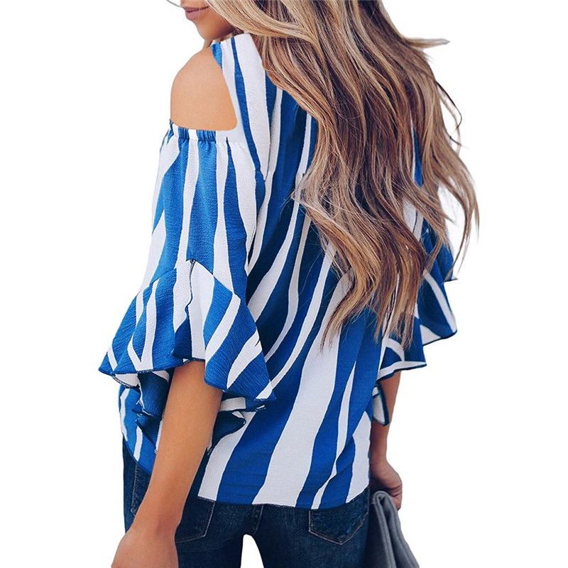 Fashion Women Cold Off Shoulder Stripe Loose Tops Butterfly Short Sleeve O-neck Summer Casual Baggy Tie Knot Blouse Shirt