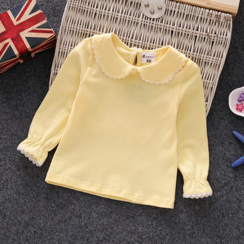 2018 Girls T-shirts Solid Long Sleeve Cotton T shirt Peter Pan Collar Baby Toddler Girl Blouse Shirts Kids Tops Clothes JW6693