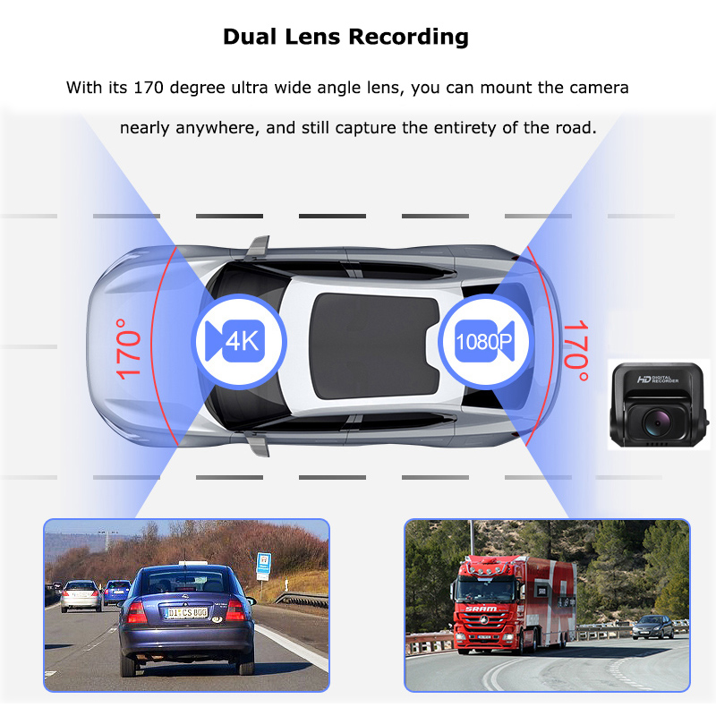 Car Dash Cam 2160P 4K Ultra HD with 1080P Rear Camera WiFi GPS Logger ADAS Dual Lens Dashcam Car DVR Night Vision +32G SD Card