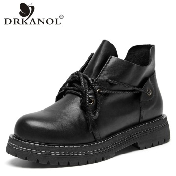 DRKANOL Autumn Winter Handmade Genuine Leather Boots Women Ankle Boots Warm Shoes Thick Heel Motorcycle Boots Female Footwear