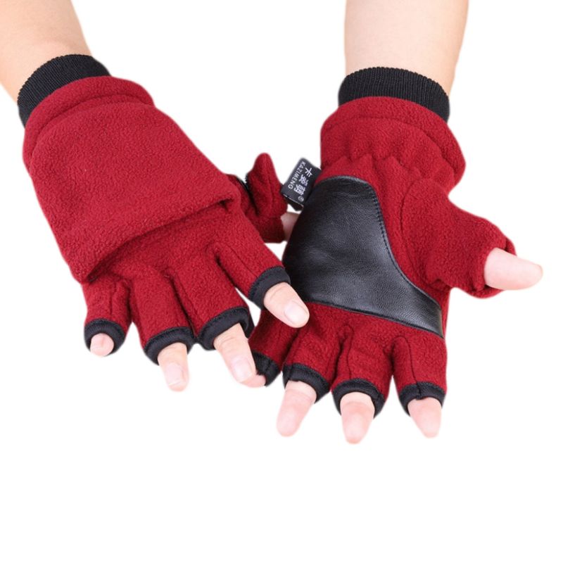 Women Men Winter Polar Fleece Half Finger Flip Gloves Double Layer Thicken Touch Screen Fingerless Convertible Mittens Wrist
