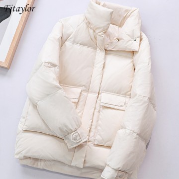 Fitaylor 2020 New Winter Women Stand Collar 90% White Duck Down Short Parkas Casual Female Big Pocket Loose Warm Snow Down Coat
