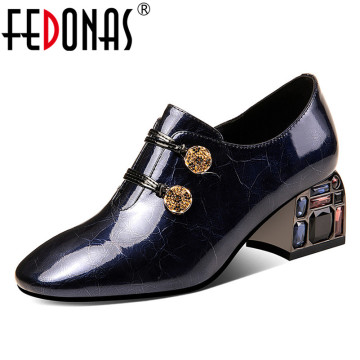 FEDONAS Quality Genuine Leather Women Pumps Crystal High Heels Side Zipper Women New Autumn Shoes Fashion Party Prom Shoes Woman