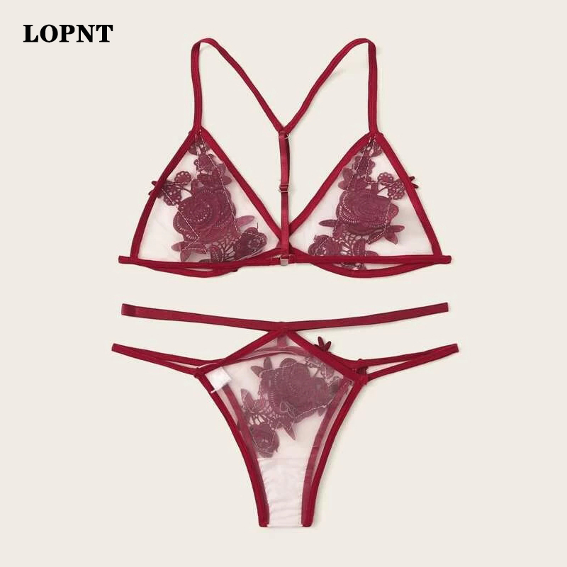 LOPNT Sexy women's bra set stripper clothes red Flower Applique Sheer Lingerie Set transparent bra Femal floral lace underwear