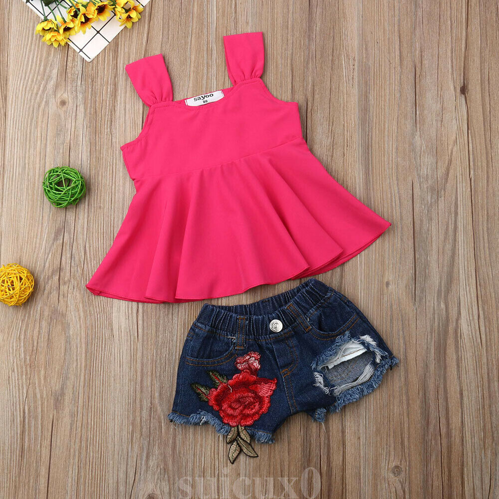 2019 Baby Summer Clothing Fashion Infant Baby Girl Clothes Sets Solid T-shirt Vest Tops+Denim Embroidery Shorts Pants Outfit