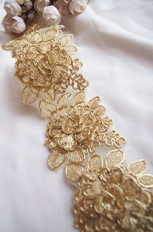 3D gold cord lace trim with roses, golden alencon lace trim