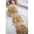 3D gold cord lace trim with roses, golden alencon lace trim