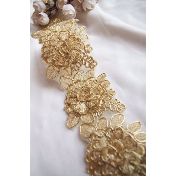 3D gold cord lace trim with roses, golden alencon lace trim
