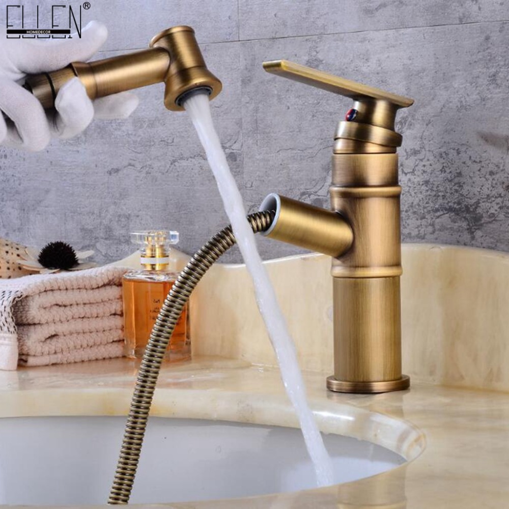 Basin Faucet Pull out Bathroom Sink Water Mixer Crane Copper Antique Bronze Chrome Finished Bath Faucets Deck Mounted EL2201
