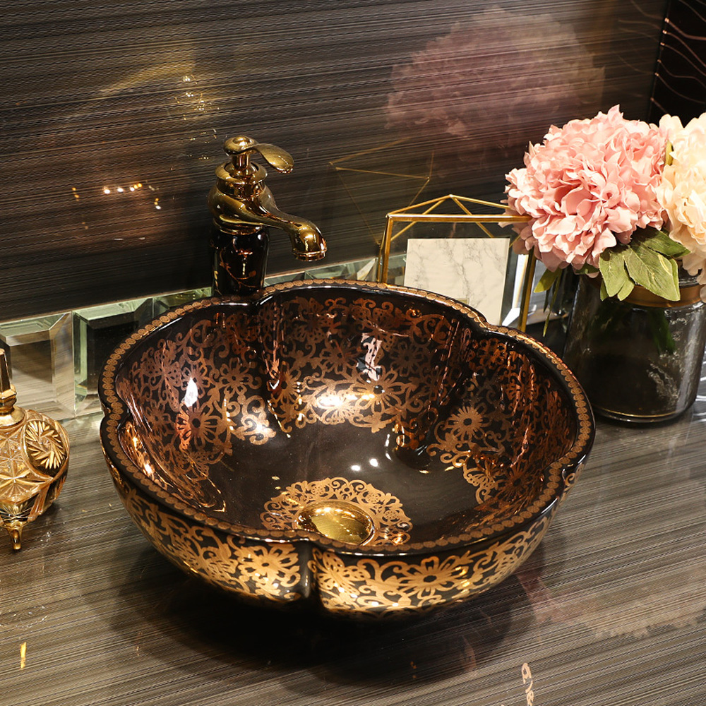 Flower shape Jingdezhen factory directly ceramic hand painted hand wash basin bathroom sinks black with gold pattern LO613424