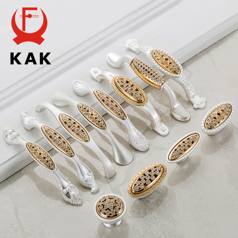 KAK 5pcs Crystal Gold Door Handles with Diamond Luxury Zinc Alloy Cabinet Drawer Knobs European Wardrobe Furniture Handle Pulls