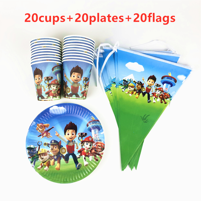 60Pcs Cartoon Paw Patrol Theme Design Baby Shower Tableware Kids Birthday Party Paper Cup Plate flags Decorations Supplies