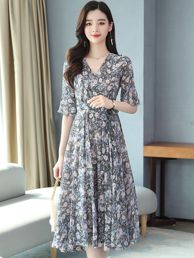 S-3XL Elegant Floral Print Big Swing Half Trumpet Sleeve V-neck Tea-length A-line Chiffon Plus Size Holiday Cocktail Dresses