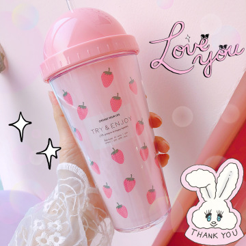 South Korea's small and pure and fresh cherries, strawberry sippy cups cartoon cup cute girl wind double plastic cups