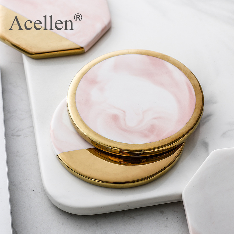 Luxury Unique Marble Pink Gold Ceramic Placemat Coaster Porcelain Mats Pads Table Decoration Accessories Kitchen Tool Decor Gif