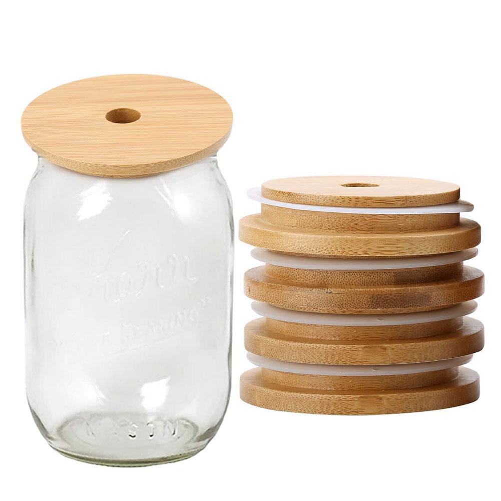 4PCS Mason Jar Lids Bamboo Holes Wooden Durable Canninng Leakproof Cover With Straw Bottle Caps Home Kitchen Lids