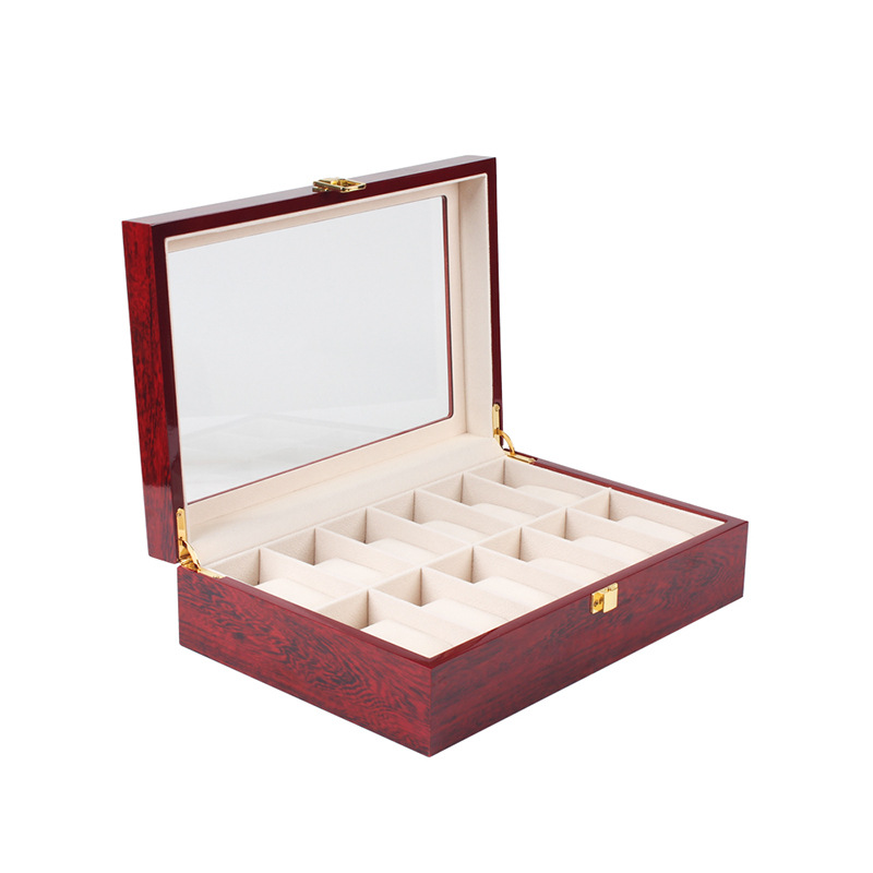 1-12 Files Wrist Watch Boxes Cases Displays Box Open Window Red Lacquered Wood Gift Watch Case Luxury Jewelry Watch Storage Box
