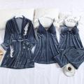 Sexy Women Sleepwear Robe with Pants Velvet Pajamas Lace Sleep Lounge 4 Pcs Sets Ladies Nightgown Bathrobe Indoor Clothing Suit