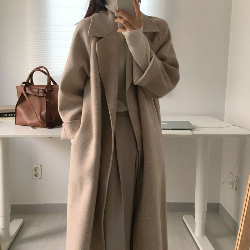 Leiouna Vintage Solid Long Sleeve Casual Belt 2020 New Fashion Long Autumn Faux Wool Blend Woolen Coat Winter Warm Women Clothes