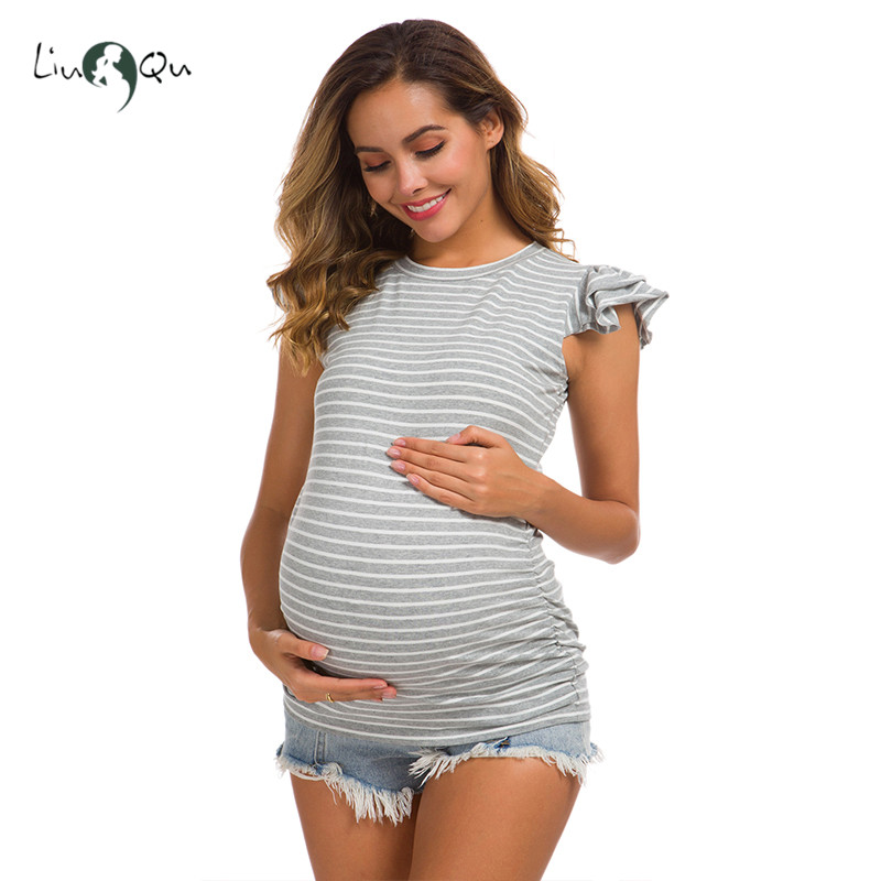 Womens Maternity Tops Flying Sleeve Striped Pregnant T Shirts Side Ruched Mama Maternity Clothes Pregnancy Clothes Comfortable