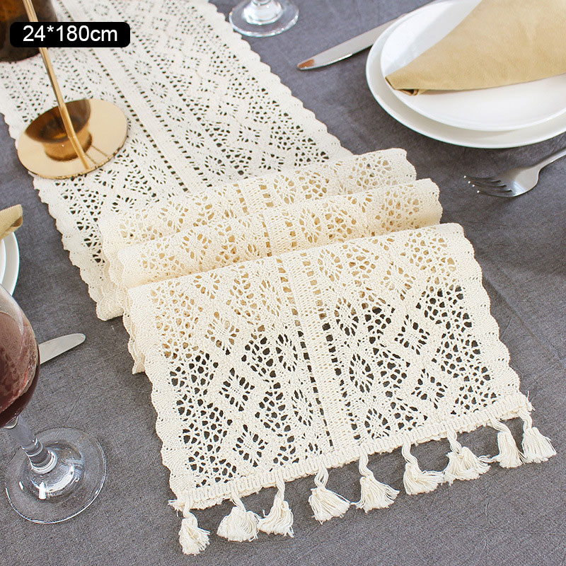 Crochet Hollow Lace Table Runner Tassels Beige 100% Cotton Wedding Decor Tablecloth Nordic Romance Table Cover Coffee Runners