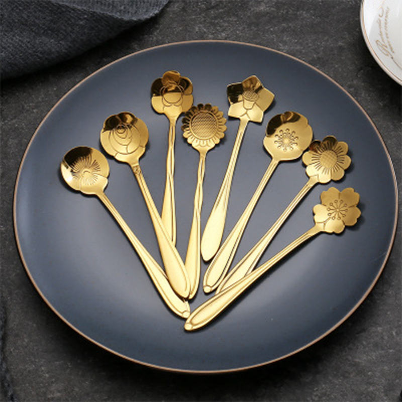 1pcs/4pcs/8Pcs/Lot Flower Shape Sugar Stainless Steel Spoon Tea Coffee Spoon Gold Teaspoons Ice Cream Spoons Kitchen Tableware