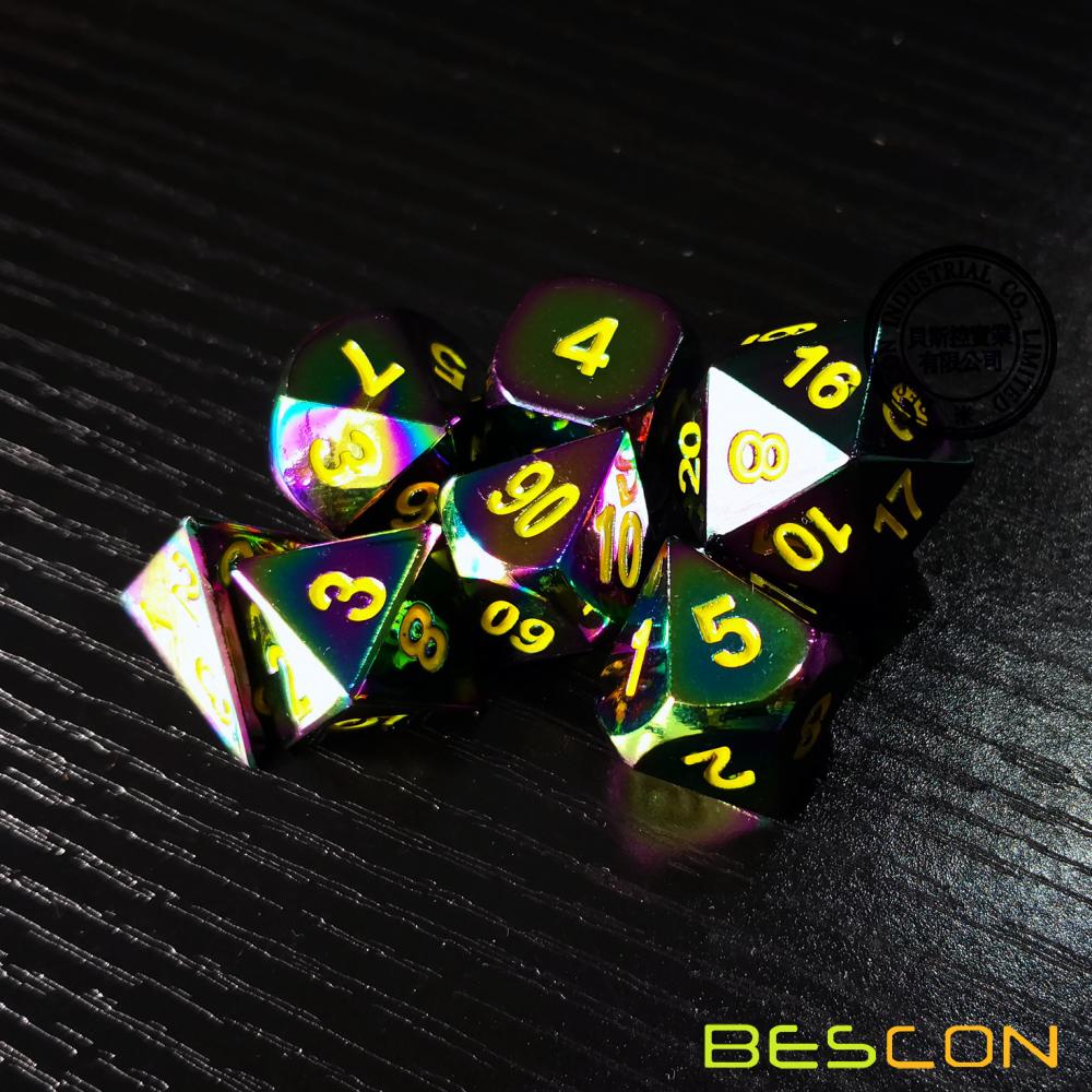 Bescon Fantasy Rainbow Solid Metal Dice Set of 7, Heavy Duty Rainbow Metallic Polyhedral D&D Role Playing Game Dice