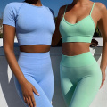 seamless yoga set 4pcs women workout sport wear gym clothes short sleeve shorts / bra trousers high waist yoga suit clothes