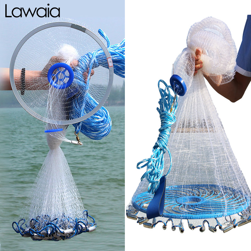 Lawaia Hand Cast Net 240cm-540cm Fishnet Monofilament Nylon Wire Material Aluminum or Blue Plastic Ring Folding Network