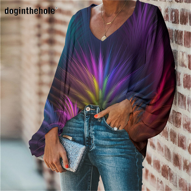 Doginthehole Female Blouse Causal Fall Bright Flower Design Blouse Long Sleeve Chemisier Femma Tops for Woman blusas Elegantes